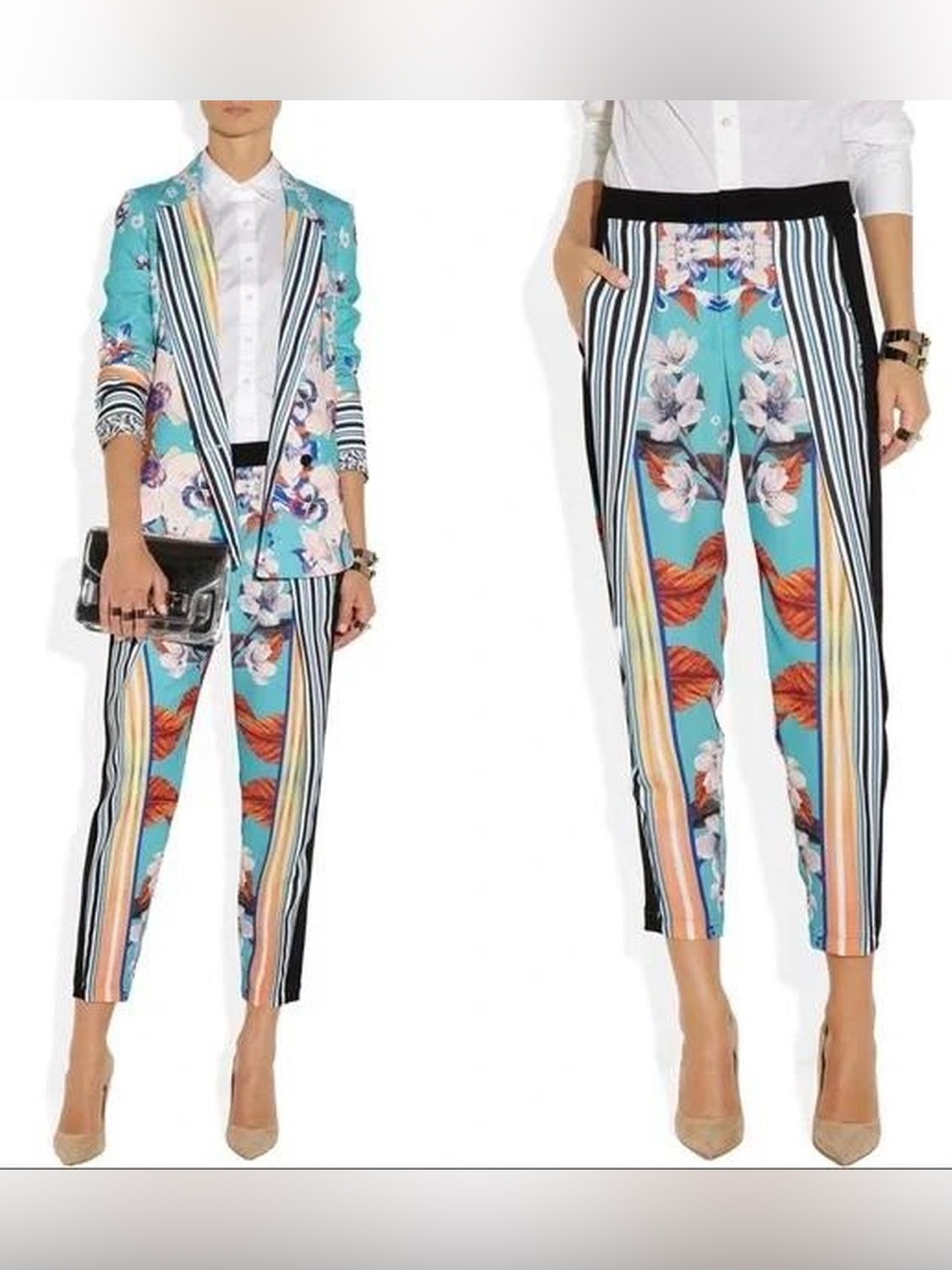 Clover Canyon Women’s Orchid Stripe Turquoise Floral Trouser Pants, Small